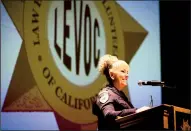  ??  ?? Benicia Police Department volunteer coordinato­r and LEVOC President Patti Baron greets the attendees at Tuesday’s conference in Lodi.