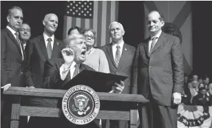  ?? EVAN VUCCI, AP ?? President Trump gestures after signing his executive order on Cuba on Friday in Miami.