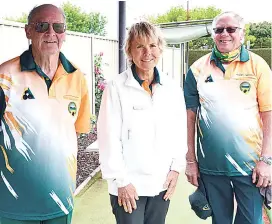  ??  ?? Above: Enjoying a close division two contest on Tuesday are Neerim District bowlers (from left) Des Pelly, Kay Cousins and Russell Meehan.