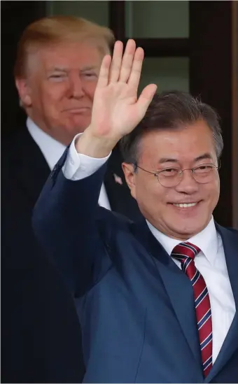  ??  ?? US President Donald Trump welcomes South Korea’s President Moon Jae-in to the White House for talks yesterday as doubts grow over a summit with North Korea