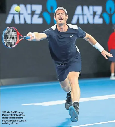  ??  ?? STRAIN GAME: Andy Murray stretches for a shot against Roberto Bautista Agut and, right, walking off court