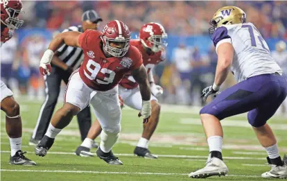  ?? JASON GETZ/USA TODAY SPORTS ?? Alabama defensive lineman Jonathan Allen (93) had 221⁄2 sacks in his final two college seasons and returned two turnovers for touchdowns in 2016. He is among those who could end up as the top overall pick in the NFL draft.