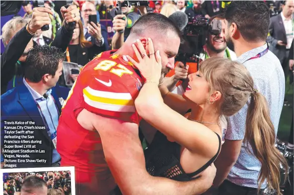  ?? Picture: Ezra Shaw/Getty Images ?? Travis Kelce of the Kansas City Chiefs kisses Taylor Swift after defeating the San Francisco 49ers during Super Bowl LVIII at Allegiant Stadium in Las Vegas, Nevada.