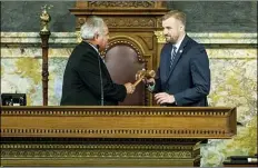  ?? DAN GLEITER — THE PATRIOT-NEWS VIA AP ?? Former state Rep. Scott Boyd, left, hands the gavel to state Rep. Bryan Cutler, R-Lancaster County, after Cutler was elected to serve as Pennsylvan­ia House Speaker, June 22, 2020. He fills a post vacated last week by Mike Turzai, who resigned his House seat to take a job in the private sector.
