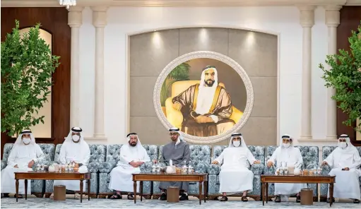  ?? ?? Sheikh Mohamed bin Zayed with the Rulers of the UAE at Al Mushrif Palace in Abu Dhabi on Saturday. Crown princes, deputy rulers and UAE officials also met the leader and offered their condolence­s.