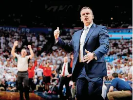  ?? [PHOTO BY BRYAN TERRY, THE OKLAHOMAN ARCHIVES ] ?? Oklahoma City coach Billy Donovan, shown above in Game 4 of the NBA playoffs against the Houston Rockets in April, said Wednesday he feels bad for his coaching mentor, Rick Pitino, and what is happening in college basketball.