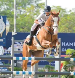  ??  ?? Mohamed Khalifa al-Baker and his 13-year-old chest gelding Circus clear a hurdle en route to Medium Tour victory during the third leg of the Hathab Equestrian Series at Al Shaqab yesterday.