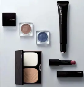  ??  ?? Japanese technology: Kanebo’s SS18 collection includes Mono eyeshadows, Refining primer, Moisture Rouge lipstick and Luster powder foundation, available at Rustan’s The Beauty Source.