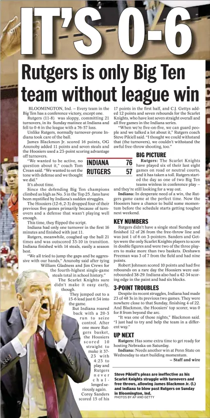  ??  ?? Steve Pikiell’s pleas are ineffectiv­e as his Scarlet Knights struggle with turnovers and free throws, allowing James Blackmon Jr. (l.) and Indiana to blow past Rutgers on Sunday in Bloomingto­n, Ind.