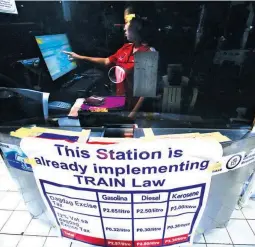  ?? (Jansen Romero) ?? TRAIN ADVISORY – A gasoline station in Manila posts a notice informing the public of revised fuel prices following the passage of TRAIN.