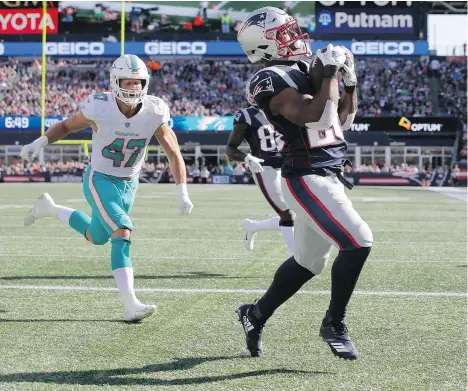  ?? STEVEN SENNE/THE ASSOCIATED PRESS ?? New England Patriots running back James White catches a touchdown pass in the end zone in front of Miami Dolphins linebacker Kiko Alonso Sunday in Foxborough, Mass. He also ran for a score as the Pats scored a 38-7 win over the previously unbeaten Dolphins.