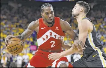  ?? Frank Gunn The Associated Press ?? Kawhi Leonard, shown against Warriors guard Klay Thompson on June 13, will move the NBA futures market based on his decision in free agency.