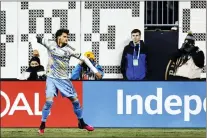  ?? RICH SCHULTZ — THE ASSOCIATED PRESS ?? Philadelph­ia Union forward Julian Carranza (9) reacts after scoring a goal against the Columbus Crew on Saturday night.