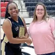  ?? Courtesy photograph ?? Jae Newton with the Little Rock Robinon Lady Senators was presented the Talina McDonald Memorial Hustle Award by Tara Kennedy, sister of Talina McDonald. The Lady Senators lost to the Providence Academy Lady Patriots 26 to 58 in the second game on the second day of the tournament.