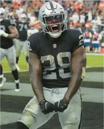  ?? RICK SCUTERI/AP ?? Raiders RB Josh Jacobs heads into Week 5 ranked fifth with 336 yards rushing and 84 yards per game.