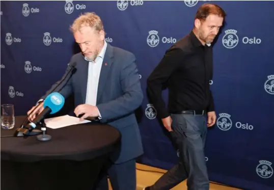  ?? Foto: Stein J. Bjørge ?? ⮉ Leder av finanskomi­teen i Oslo bystyre, Ap-politiker Andreas Halse (til høyre) skyter tilbake mot de borgerlige. Her med byrådslede­r Raymond Johansen.