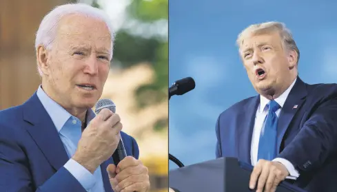  ??  ?? Democratic presidenti­al candidate Joe Biden speaks at the Black Economic Summit at Camp North End in Charlotte, North Carolina, Sept. 23, 2020.
U.S. President Donald Trump speaks during a campaign rally at Cecil Airport in Jacksonvil­le, Florida, Sept. 24, 2020.