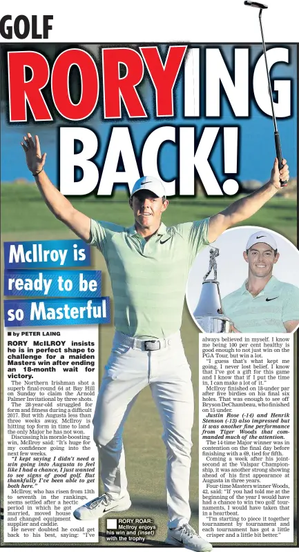  ??  ?? RORY ROAR: McIlroy enjoys his win and (inset) with the trophy