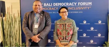  ??  ?? Minister for Foreign Affairs, Defence and National Security Inia Seruiratu with Indonesian Minister for Foreign Affairs Retno Marsudi during the 12th Bali Democracy Forum in Nusa Dua, Bali, Indonesia on December 6, 2019.