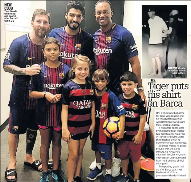  ??  ?? NEW CLUB Tiger Woods with Messi and Suarez after Barca’s win in US