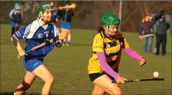  ??  ?? Rathnure’s scoring star Aoife Guiney soloing away from Emma Poole of Craanford-Monaseed.