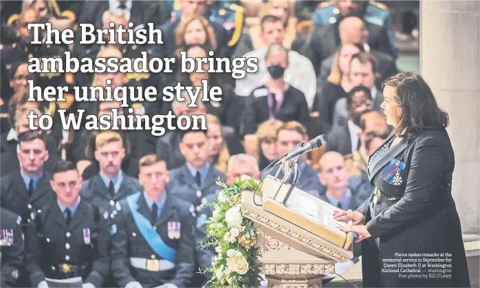  ?? — Washington Post photos by Bill O’Leary ?? Pierce makes remarks at the memorial service in September for Queen Elizabeth II at Washington National Cathedral.