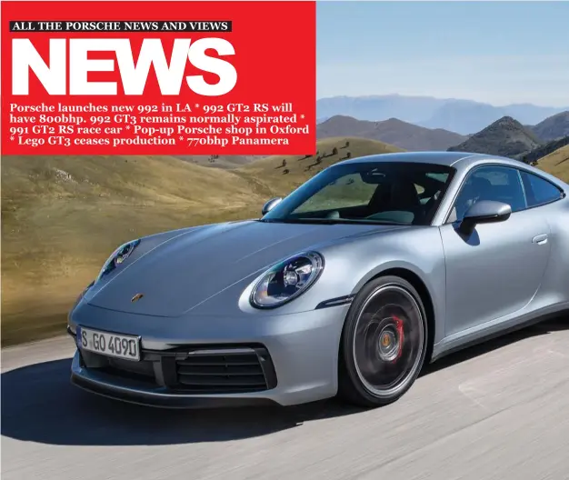  ??  ?? New 992 is plain bigger than the outgoing 991 and widest 911 yet. Note front wheel arch extensions, which hark back to 930 Turbo. Wheels are staggered 20in at front and 21in at rear. The S models have been launched first with 450bhp and PDK only, as yet. On board tech is vast