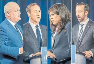  ?? JOHANNA CHISHOLM THE CANADIAN PRESS ?? Conservati­ve leadership hopefuls Erin O’Toole, left, Peter MacKay, Leslyn Lewis and Derek Sloan differ in their views on abortion and climate change — two issues that are holding the party back.