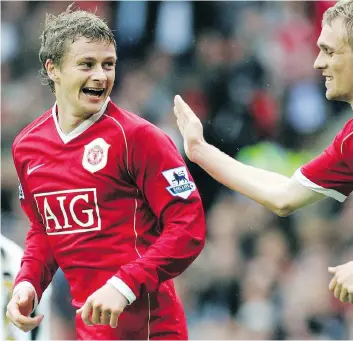  ?? PAUL ELLIS / AFP / GETTY IMAGES ?? Manchester United’s Ole Gunnar Solskjaer celebrates a goal toward the end of his playing career. Solskjaer has said coaching United was his dream job and now the 45-year-old Norwegian will have that chance.