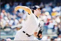  ?? ?? New York Yankees starting pitcher Gerrit Cole deals against the Cleveland Guardians during the first inning of a baseball game, on April 24, in New York. (AP)