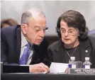  ?? CHIP SOMODEVILL­A/GETTY IMAGES ?? Sens. Chuck Grassley, R-Iowa, and Dianne Feinstein, D-Calif., introduced separate bills aimed at preventing foreign interferen­ce in U.S. elections.