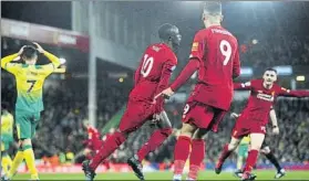  ?? FOTO: GYI ?? Mané celebra su 12º gol en la Premier
El Liverpool, a un triunfo de un récord del City