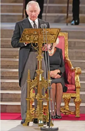  ?? (AFP) ?? Britain’s King Charles III speaks during the presentati­on of Addresses by both Houses of Parliament in Westminste­r Hall, inside the Palace of Westminste­r, central London on Monday