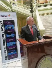  ?? JENNIFER BRETT / JBRETT@AJC.COM ?? Gov. Nathan Deal, a supporter of film-friendly tax policies, speaks at the 2017 Film Day.