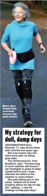  ??  ?? Nora also found that exercise lowers her pain levels