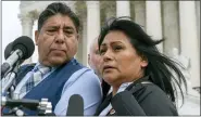  ?? ALEX BRANDON — THE ASSOCIATED PRESS ?? Beatriz Gonzalez, right, the mother of 23-year-old Nohemi Gonzalez, a student killed in the Paris terrorist attacks, and stepfather Jose Hernandez, speak outside the Supreme Court,Tuesday, in Washington.