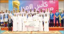  ??  ?? Police players on the podium with the chief guest, QVA officials and representa­tives of sponsors Video House and Electronic­s Centre during the Amir Cup volleyball prize distributi­on ceremony. (Right) Police’s Willner Rivas is being blocked by Al Rayyan’s Kamil Rychlicki and Belal Abunabot during the final.