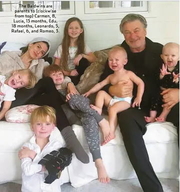  ?? ?? The Baldwins are parents to (clockwise from top) Carmen, 8, Lucia, 13 months, Edu, 18 months, Leonardo, 5, Rafael, 6, and Romeo, 3.