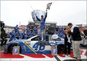  ?? WADE PAYNE — THE ASSOCIATED PRESS ?? Driver Jimmie Johnson (48) celebrates after winning a NASCAR Monster Energy NASCAR Cup Series auto race, Monday in Bristol, Tenn.