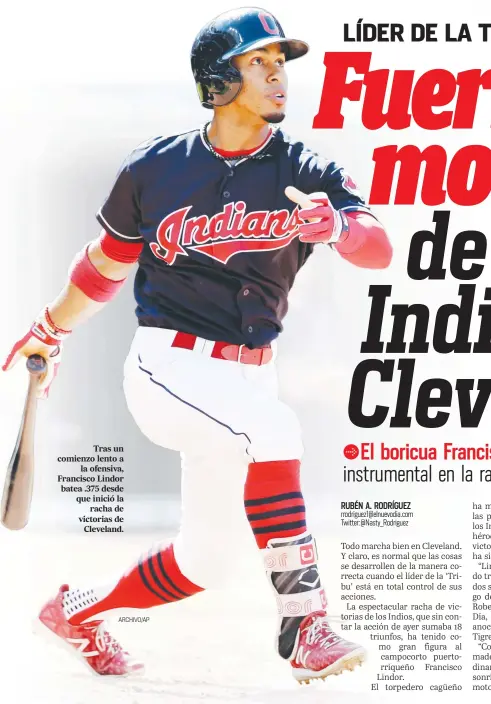  ??  ?? Tras un comienzo lento a la ofensiva, Francisco Lindor batea .375 desde que inició la racha de victorias de Cleveland.