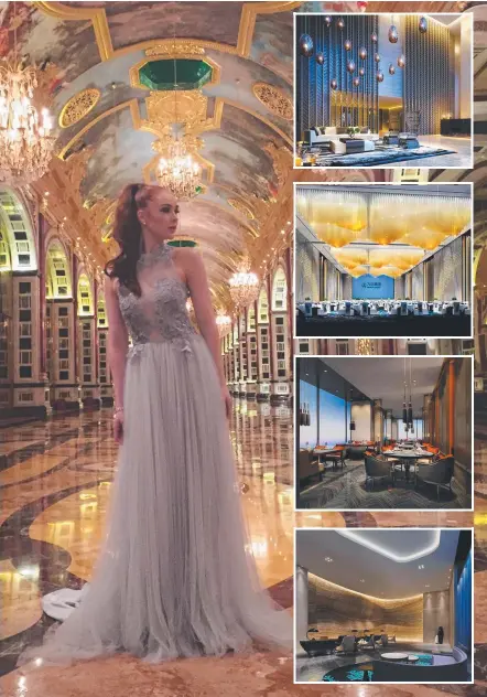  ??  ?? The Wanda Vista Hotel will feature an "OTT" signature grand ballroom, like the one Miss World Australia 2015 Tess Alexander visited in Wanda Vista, Beijing. Inset: Artists’ impression­s of the developmen­t’s luxury interior.