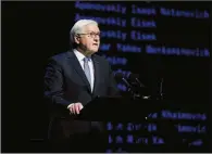  ?? ?? Germany’s Federal President Frank-Walter Steinmeier speaks during the 80th anniversar­y of the Babi Yar massacre.