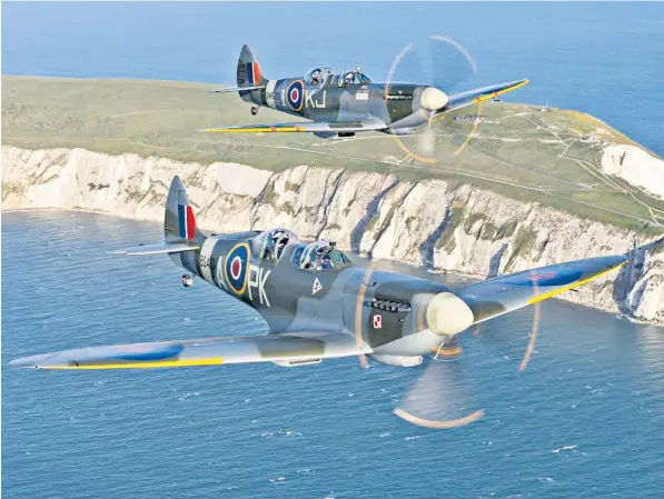  ?? ?? Spitfires off the south coast of England after taking off from Goodwood Aerodrome in West Sussex carrying pleasure-seeking passengers after a ‘once in a lifetime’ experience