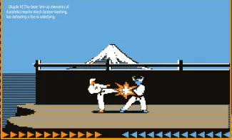  ??  ?? » [Apple II] The beat-’em-up elements of Karateka require much button-bashing, but defeating a foe is satisfying.