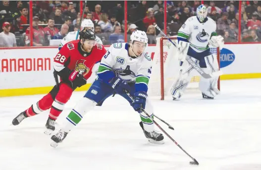  ?? MARC DESROSIERS/USA TODAY SPORTS ?? Rookie defenceman Quinn Hughes likes to skate the puck out of trouble rather than chip it off the boards and the Canucks have let him play his game.