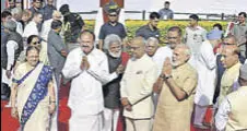  ?? SUSHIL KUMAR/HT ?? President Ram Nath Kovind, Vicepresid­ent Venkaiah Naidu, PM Narendra Modi and LS speaker Sumitra Mahajan pay tributes to Dr BR Ambedkar in New Delhi on Saturday.