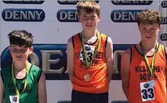  ??  ?? Long Jump Boys U14 medallists on the podium