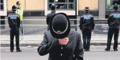  ??  ?? Clockwise from top left: a police officer wipes away tears as she and colleagues line the route of the funeral cortege of PC Keith Palmer in London; the cortege leaves the Chapel of St Mary Undercroft within the Palace of Westminste­r; police officers...