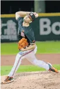  ?? TESSA MORTENSEN/MIAMI ATHLETICS ?? Miami Hurricanes pitcher Brian Van Belle delivers a pitch when facing the Florida Gators on Friday at Alex Rodriguez Park at Mark Light Field.