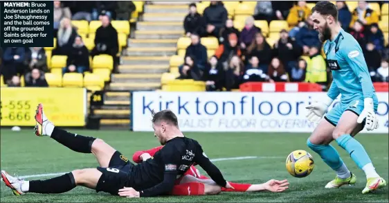  ?? ?? MAYHEM: Bruce Anderson lands on Joe Shaughness­y and the ball comes off the grounded Saints skipper for an own goal